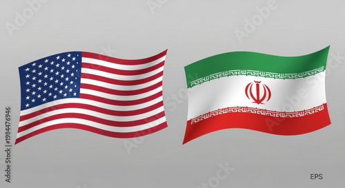 American and iranian flags waving side by side on gray background symbolizing diplomacy and international relations between usa and iran