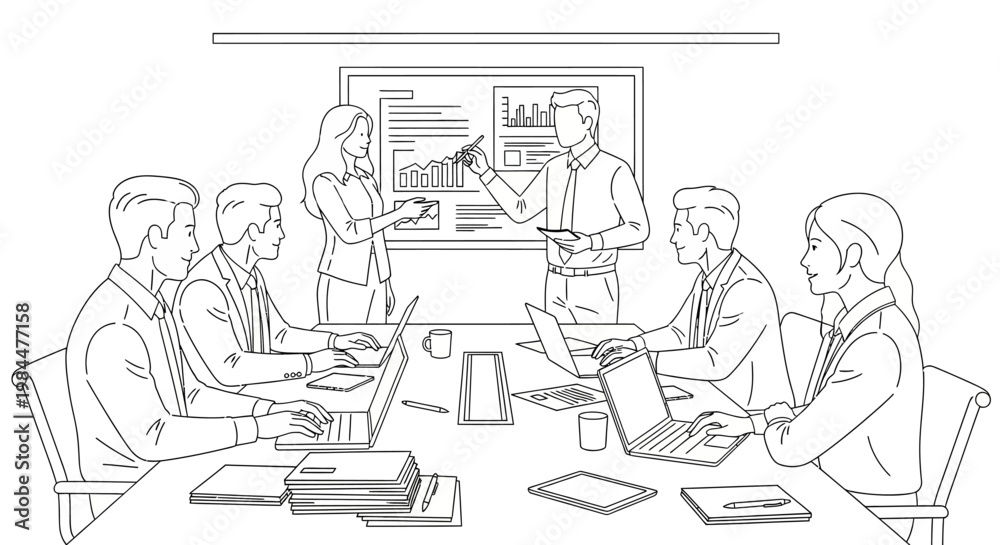 Obraz premium Business Meeting Presentation - Team Collaboration, Data Analysis, and Strategy