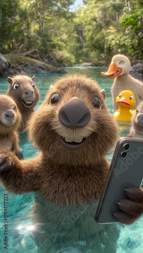Cute Animals Taking Selfie by Clear River in Forest