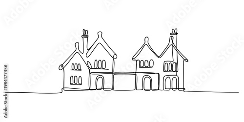 Minimalist one line art illustration of two suburban houses with chimneys and windows in black ink