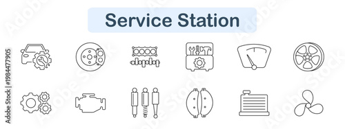 Service station set icon. Car gear, brake disc, engine block, engine tools, speed gauge, wheel rim, gears, engine cover, shock absorbers, brake pads, radiator, fan propeller. Auto repair visuals.