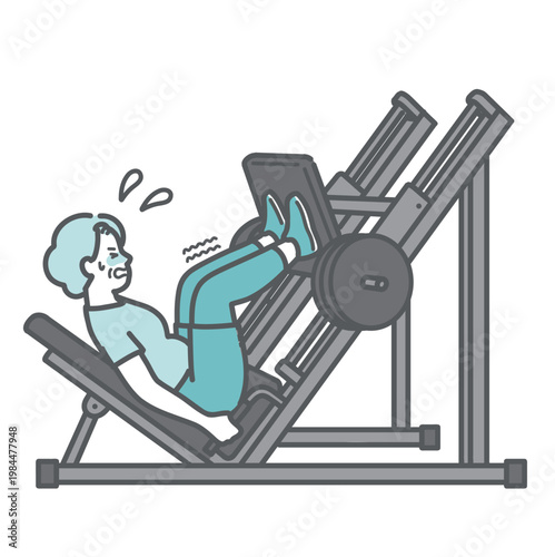 辛そうにレッグプレスをするぽっちゃりシニア女性のイラスト