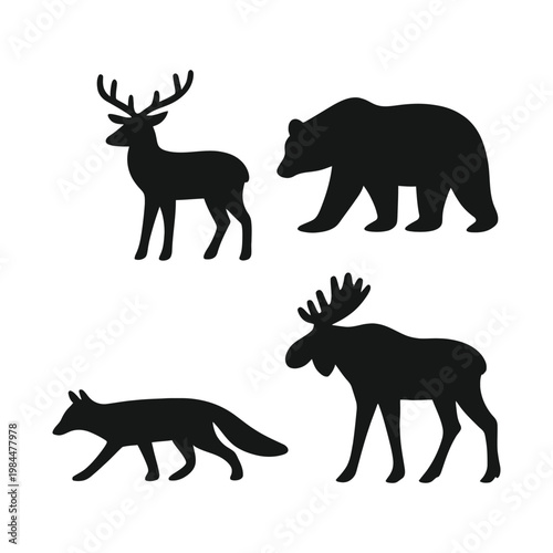  Wildlife Silhouette Set with Bear, Deer, Moose and Fox Icons Isolated on White