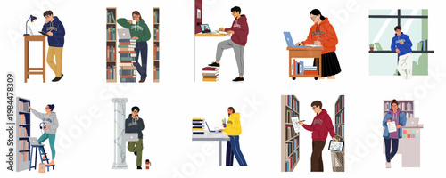 Illustrations of diverse young students studying and working with laptops and books in library and campus environments, featuring a modern, flat design style.