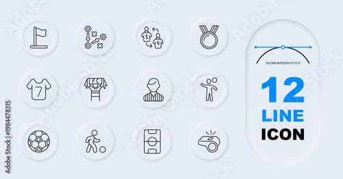 Football sport set icon. Line style icons display flag, tactic board, player exchange, medal, jersey number, trophy lift, coach, juggling player, ball, dribbling, field layout, referee whistle