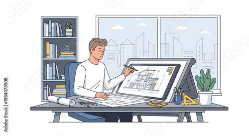 Architect sketching house design on digital tablet in modern office with city view