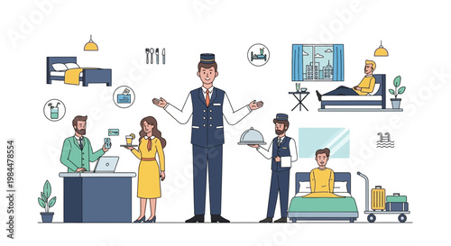 Hotel Service Collage: Staff, Rooms, Amenities, and Guest Experience