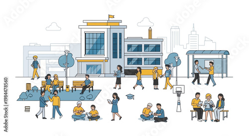 Diverse People Enjoying Outdoor Activities at a Modern School Campus