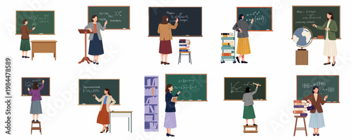 Collection of flat vector illustrations featuring female educators teaching various subjects like math, science, and geography on classroom chalkboards.