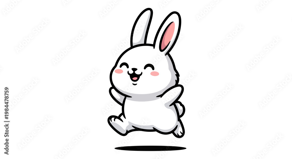 Obraz premium Cute Happy White Rabbit Jumping Cartoon Illustration Isolated on White Background