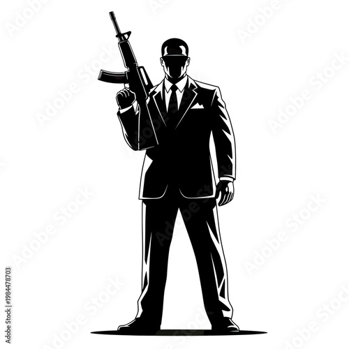 Silhouette of a Secret Agent or Professional Bodyguard in Suit Holding an Assault Rifle Vector Illustration