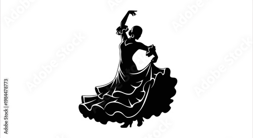 Silhouette of a Female Flamenco Dancer in Traditional Spanish Dress Performing a Passionate Cultural Dance