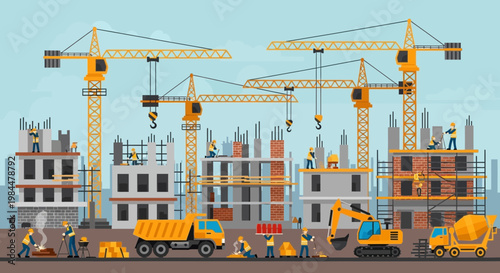 Construction Site with Cranes, Buildings, Workers, and Machinery