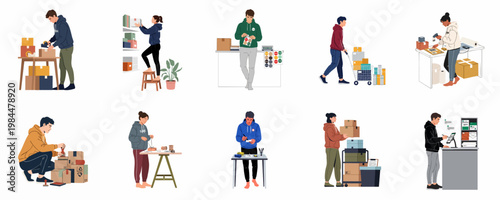 Vector illustrations of diverse workers managing logistics, packaging, and shipping tasks for small businesses and e-commerce fulfillment centers.