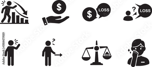 Financial Loss and Uncertainty Icons Set Black Color
