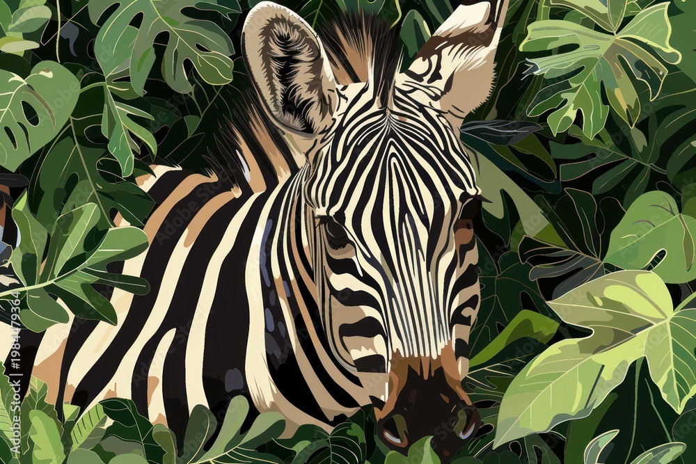 Fototapeta premium Zebra camouflaging its striped pattern within a dense tropical forest