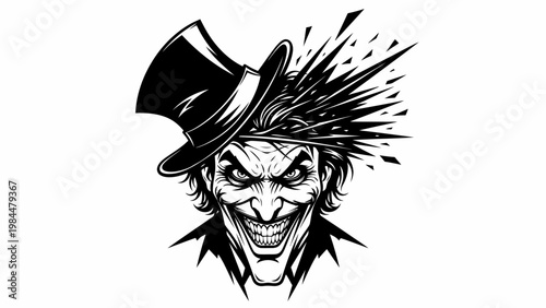 Evil Joker Face with Top Hat, Spiky Hair, and Menacing Grin - Black and White Illustration