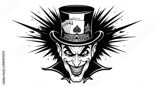 Evil Joker Hat Top Spades Cards Face Mask Scary Grin Black White Graphic