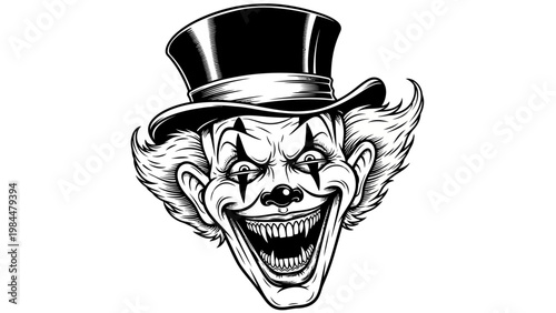 Scary Clown Face with Top Hat, Grinning Maniacally, Black and White Illustration