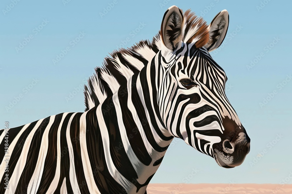 Fototapeta premium Zebra head and upper body facing right with distinctive black and white stripes