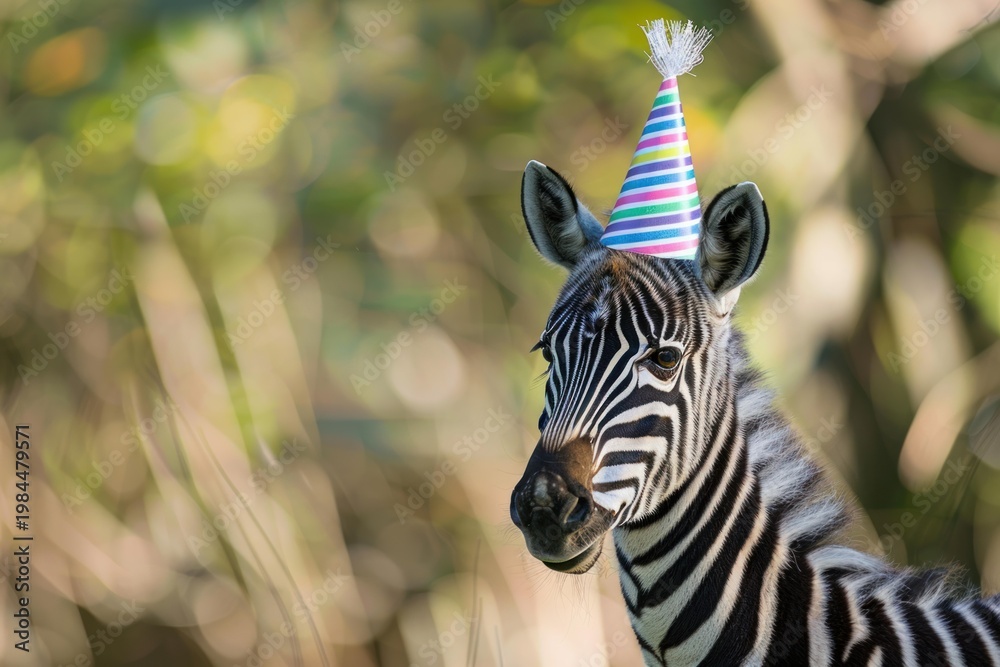 Fototapeta premium Cute zebra with striped party hat standing in nature celebrating event