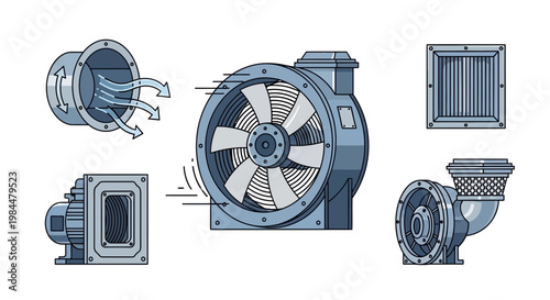 Industrial Ventilation Fans and Airflow System Components Set - Vector Illustration