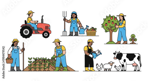 Diverse Farmers Working on a Farm with Livestock, Crops, Tractor and Orchard