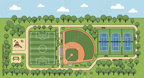 Aerial View of Sports Complex: Baseball, Soccer, Tennis Courts, Playground