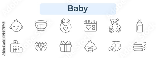 Baby set icon. Baby face, bowl, bib, calendar, teddy bear, bottle, hospital, care hands, gift box, crying baby, socks, towels. Infant care items, newborn essentials visuals