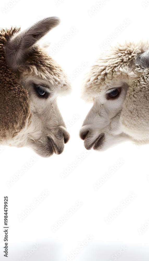 Fototapeta premium Gentle alpaca connection a heartwarming portrait of friendship against a soft white backdrop