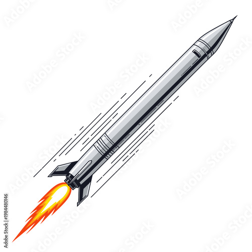 A sleek silver rocket launching into space.