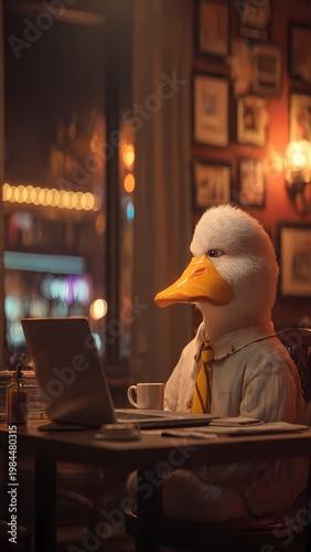 Tired Duck Enjoying Coffee While Reflecting on Job