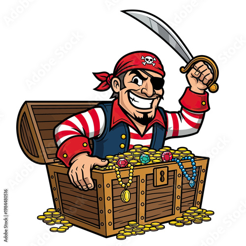 Cheerful Cartoon Pirate Character with Eye Patch and Cutlass Celebrating Inside a Treasure Chest Full of Gold Coins and Jewelry