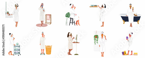 Vector illustration set of diverse women in white bathrobes performing various skincare and self-care routines, applying face masks and beauty products.