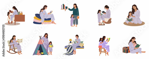 Collection of flat illustrations showing a mother and her young daughter bonding over reading books and bedtime stories in cozy indoor settings.
