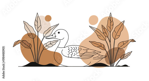Minimalist Line Art Illustration of a Duck Among Aquatic Plants with Abstract Earth Tone Shapes