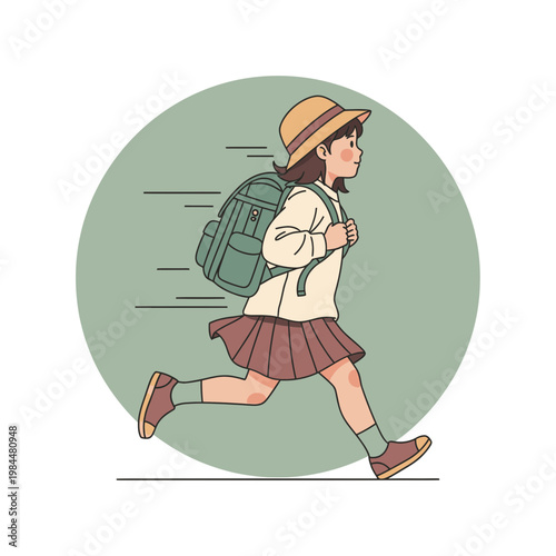 Little schoolgirl with backpack running fast to school or home, vector illustration of a student in uniform rushing in the morning