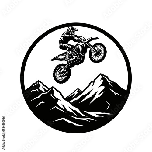Motocross Rider Performing High Jump over Mountain Peaks in Circular Frame Vector Illustration