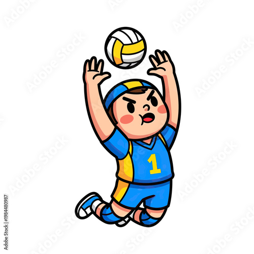 Cute Cartoon Boy Volleyball Player Jumping to Spike the Ball, Little Kid Athlete in Blue and Yellow Uniform, Sports Vector Illustration Isolated on White