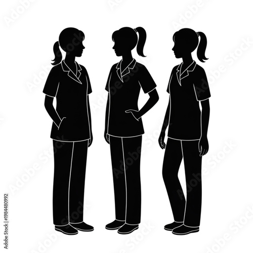 Female nurses group silhouette vector, professional medical team wearing scrubs for healthcare and hospital service