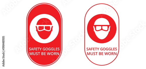 Safety goggles must be worn mandatory sign. Eye protection required vector icon set. Industrial warning sticker with head profile and glasses in red and white colors. PPE equipment compliance labels.
