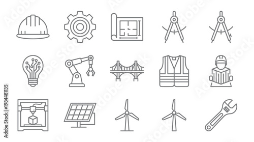 Collection of engineering and industrial line icons including hard hat, gear, blueprint, robotic arm, solar panel, wind turbine, and 3D printer.