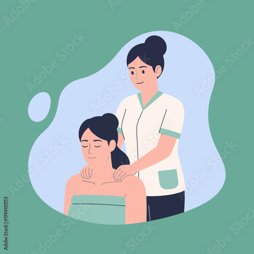 Massage Therapist Giving Relaxing Shoulder and Neck Massage to Client in Wellness Spa Center