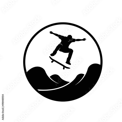 Skateboarder Jumping Silhouette Vector Illustration Performing Trick Over Hills Inside Circle