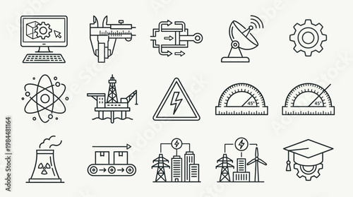A comprehensive set of line icons representing various fields of engineering, science, and industrial technology, including CAD, mechanics, energy, and education.