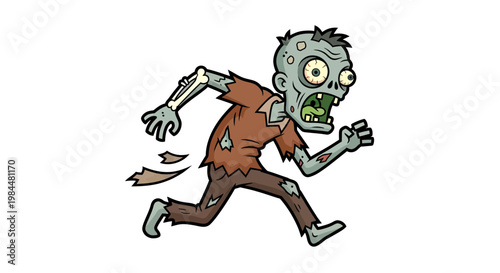 Funny Cartoon Zombie Running and Chasing Illustration Isolated on White Background