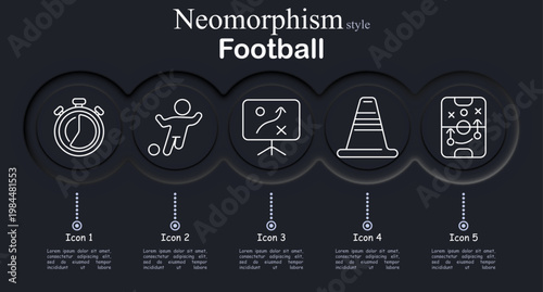 Football set icon. Stopwatch training time, soccer player dribble, tactics board strategy, training cone marker, playbook formation scheme, sport coaching session