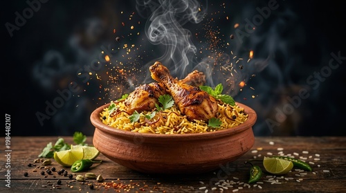 Authentic spicy Hyderabadi chicken biryani with steaming rice and chicken drumsticks.