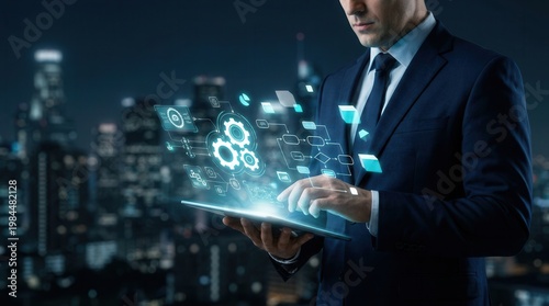 A businessman managing technology alignment and system unification through digital transformation tools.