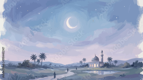 Ramadhan landscape with mountains and moon